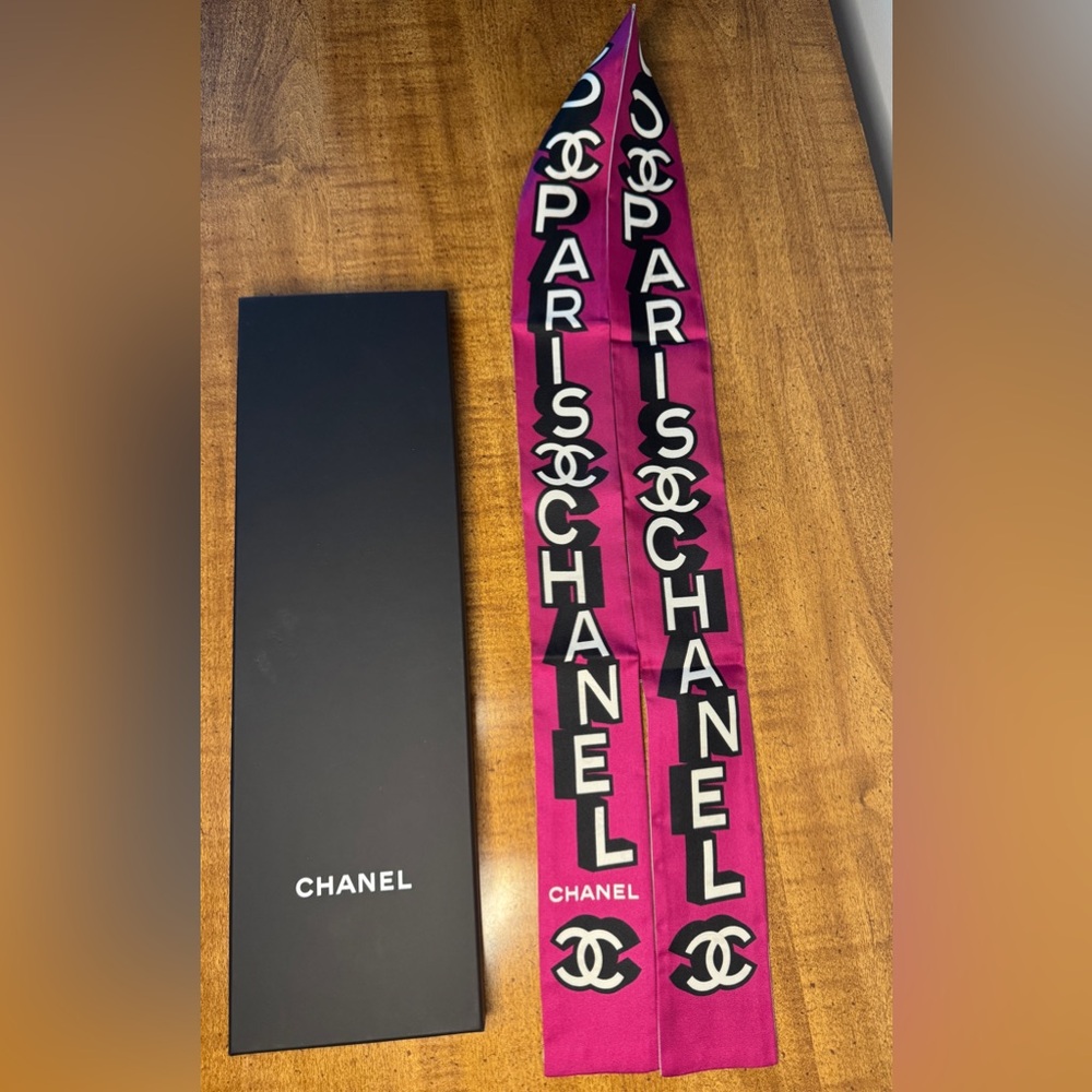Brand new, unused Chanel Silk Twilly Scarf in 100% silk.